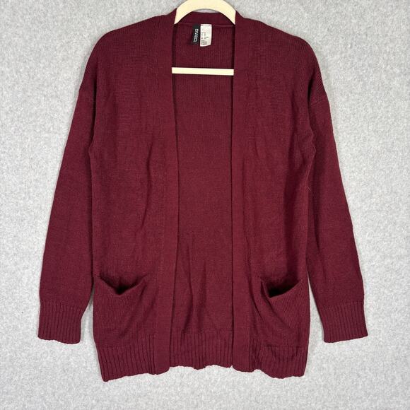 Divided H&M Cardigan Sweater Womens XS Burgundy Open Pocket Comfy Grandpa Grunge - Picture 1 of 8